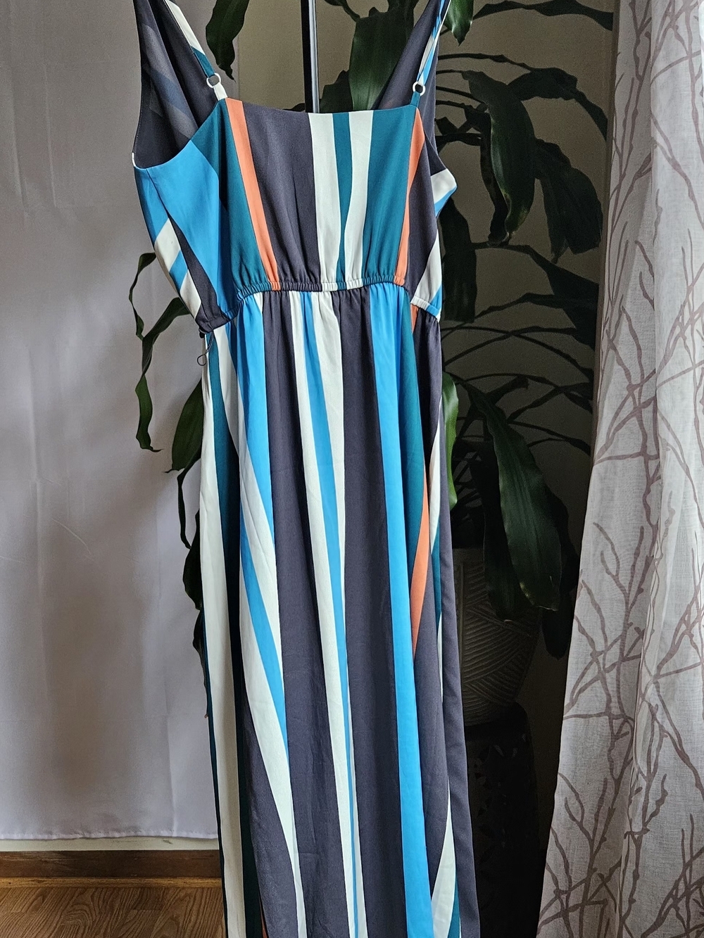 ​ANN TAYLOR LOFT Striped Faux Wrap Maxi Dress Small Blue Teal Orange Ruffle - Picture 8 of 16